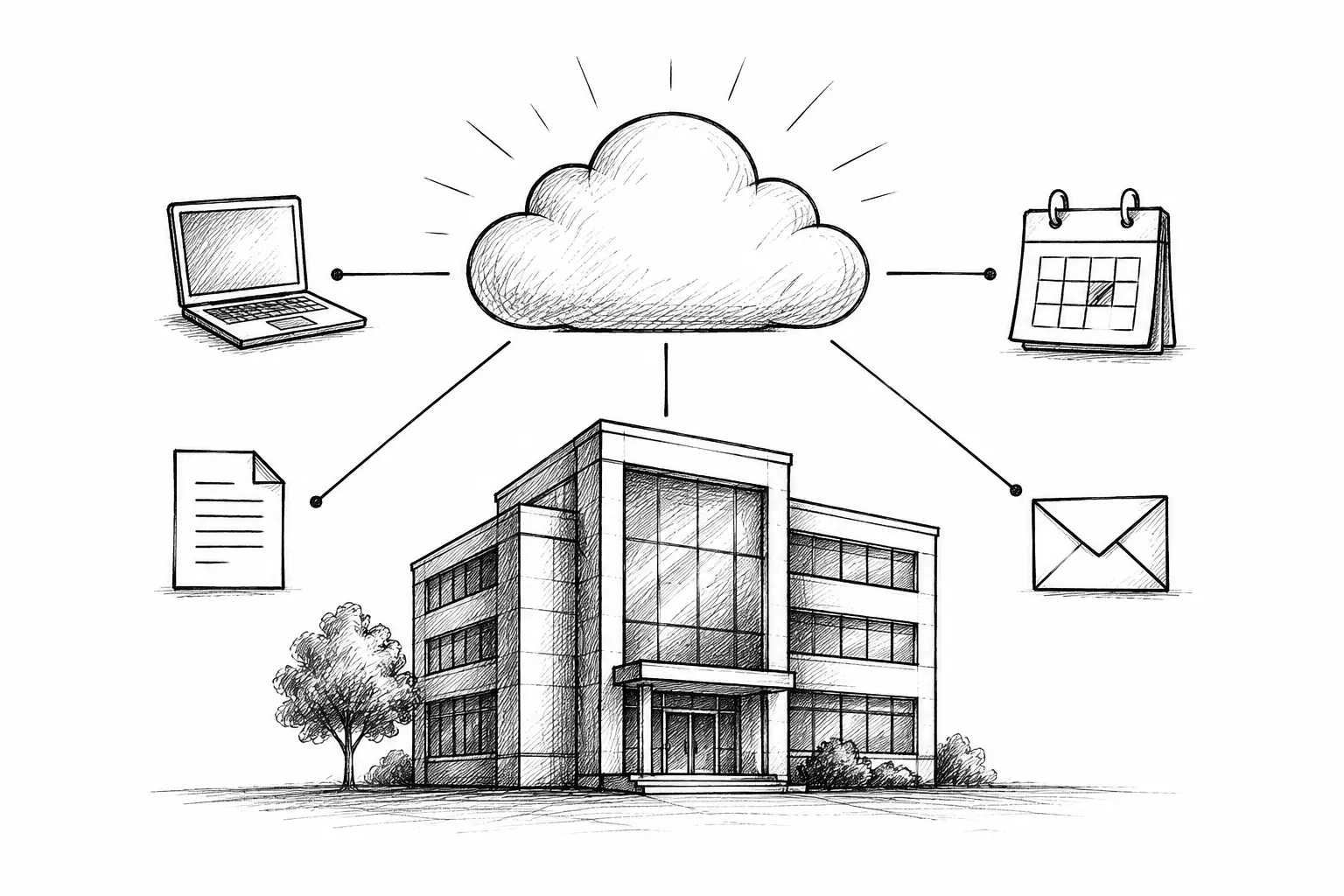 Ilustración de una empresa conectada a la nube, con correo, calendario y documentos