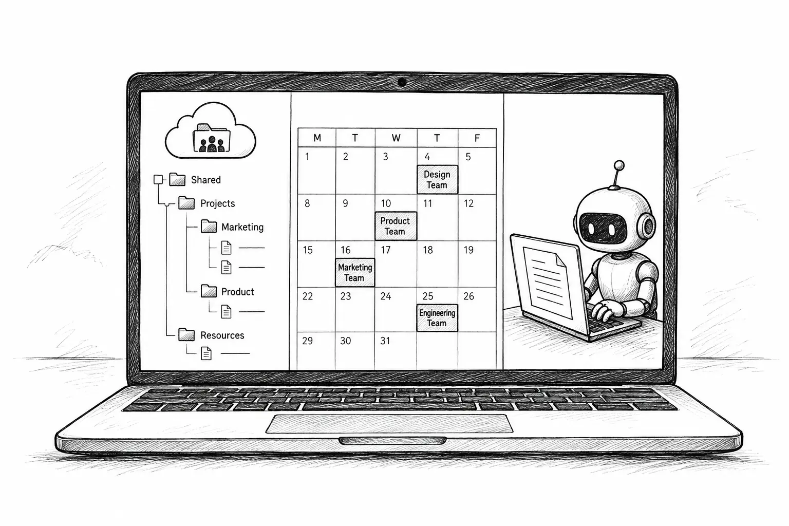 Ilustración de una laptop con carpetas en la nube, un calendario de equipo y un asistente de IA trabajando